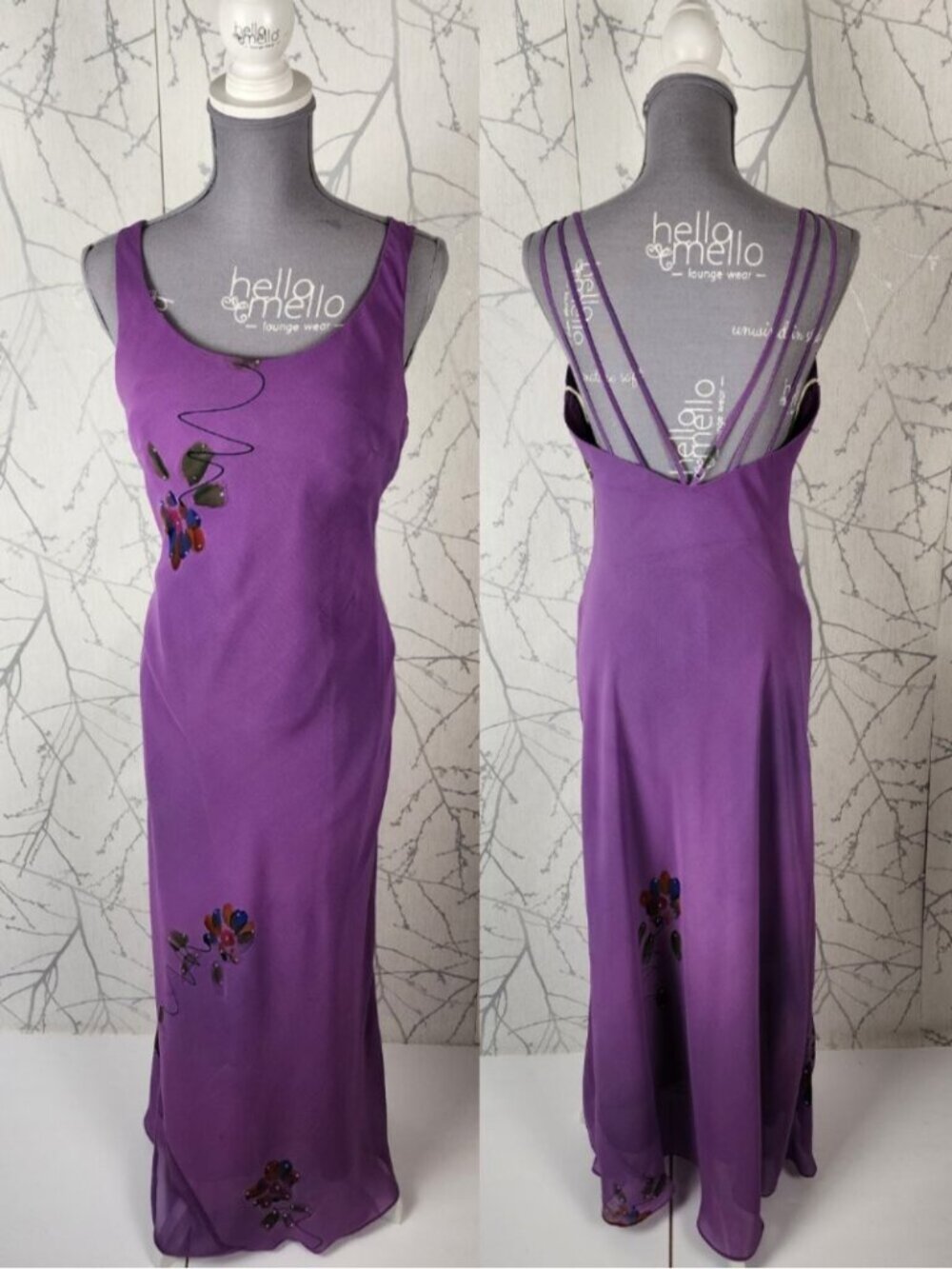 Nu Mode VTG Purple Abstract Floral Strappy Maxi Dress